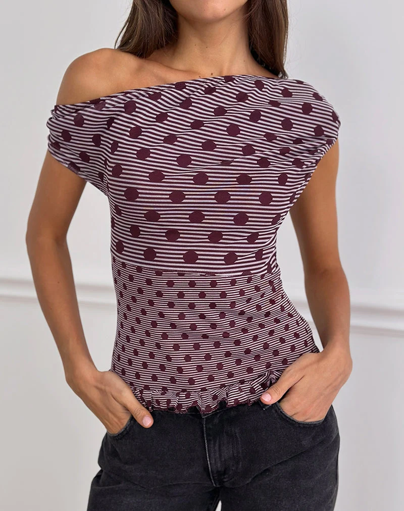 Tarya Asymmetrisches Top in Polka Pflaume gestreift