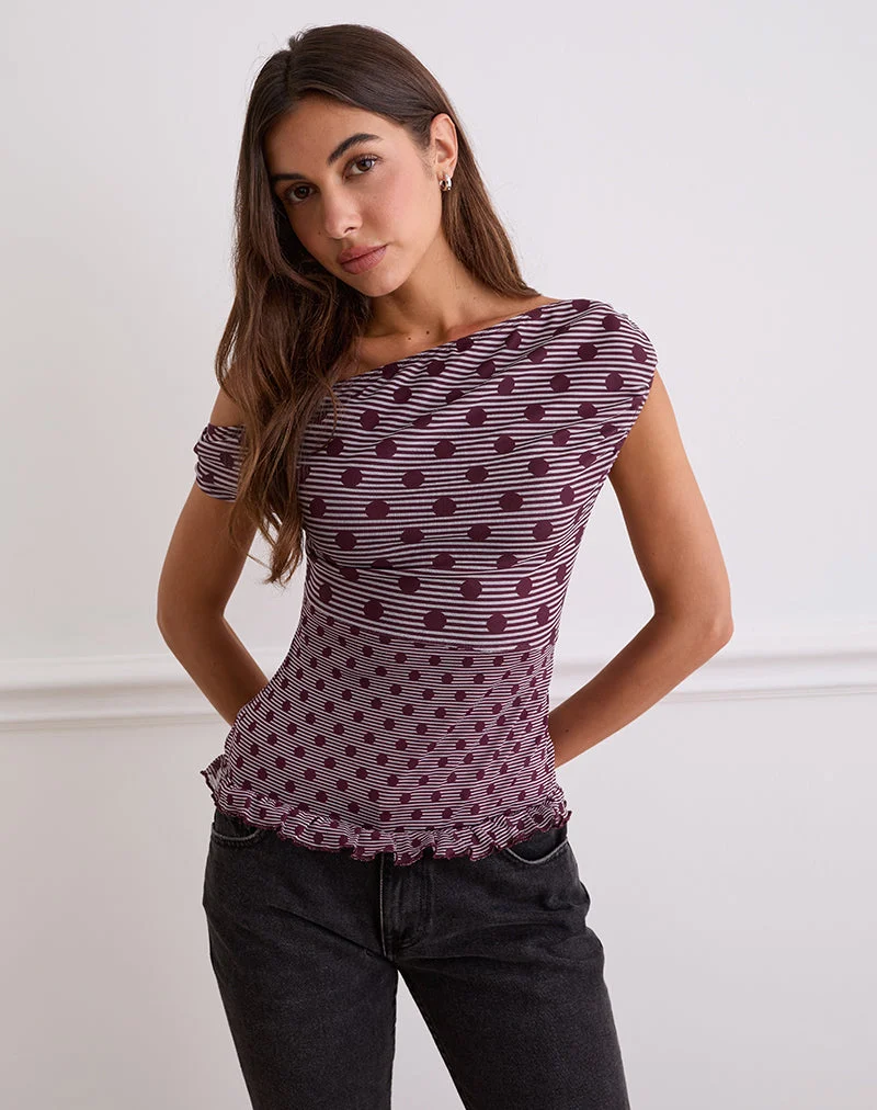 Tarya Asymmetrisches Top in Polka Pflaume gestreift