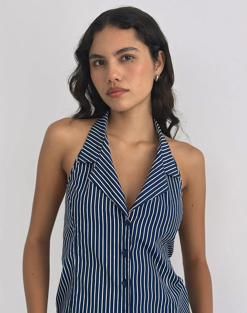 Mikanu Neckholder-Bluse in Nadelstreifen Navy