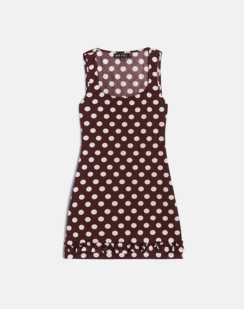 Vadora Rüschensaum-Minikleid in Braun mit großer Polka-Creme