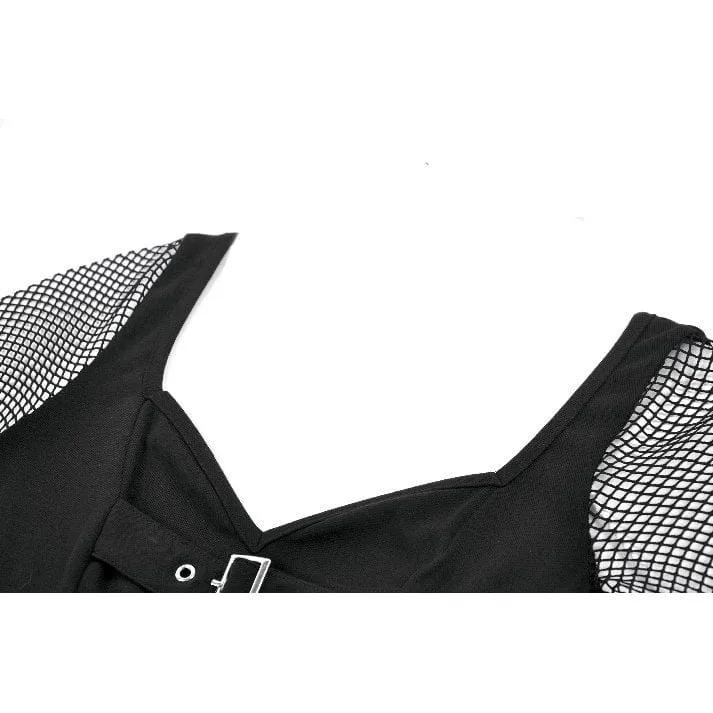 Damen Punk Schnallenriemen Mesh Splice Langarm Top