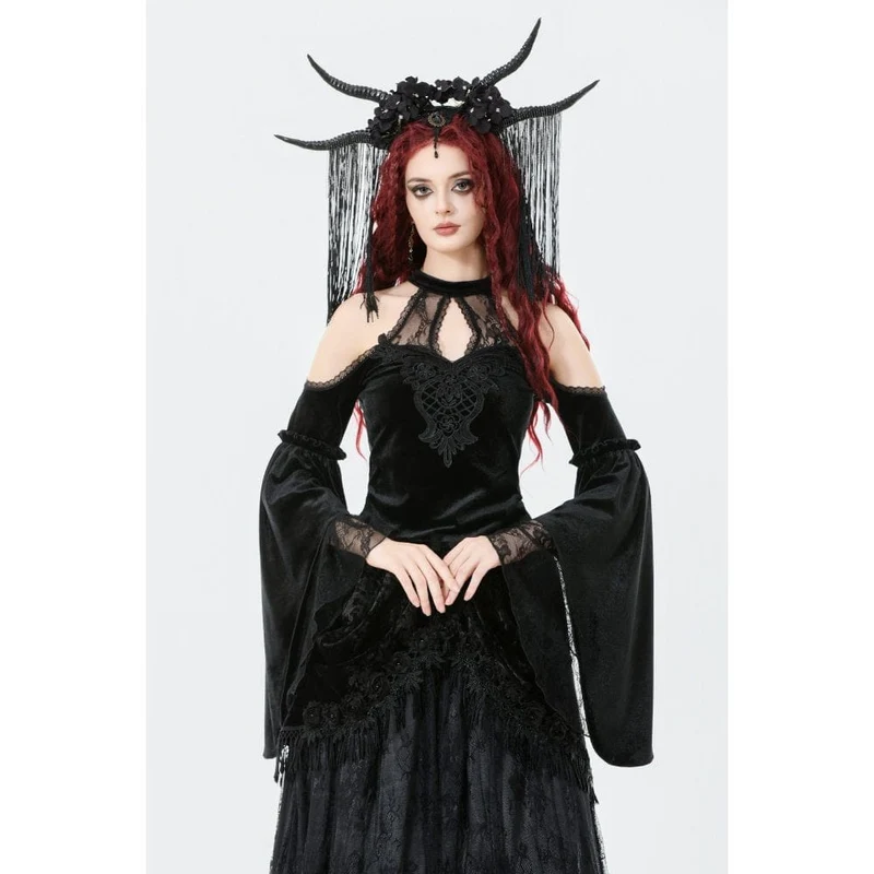 Gothic-Hemd mit Cutout und Neckholder und ausgestellten Ärmeln aus Samt für Damen