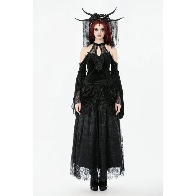 Gothic-Hemd mit Cutout und Neckholder und ausgestellten Ärmeln aus Samt für Damen