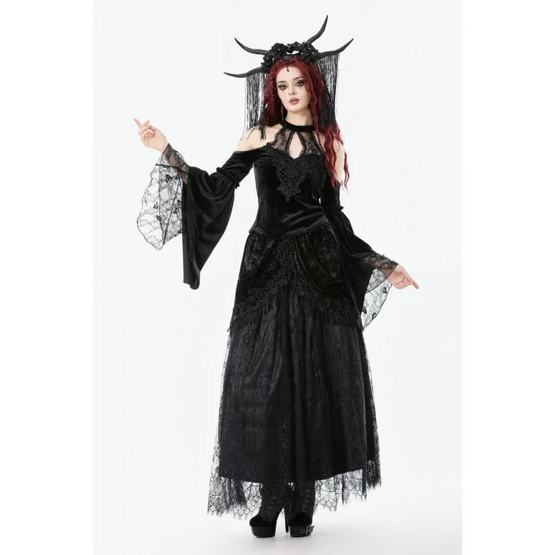 Gothic-Hemd mit Cutout und Neckholder und ausgestellten Ärmeln aus Samt für Damen