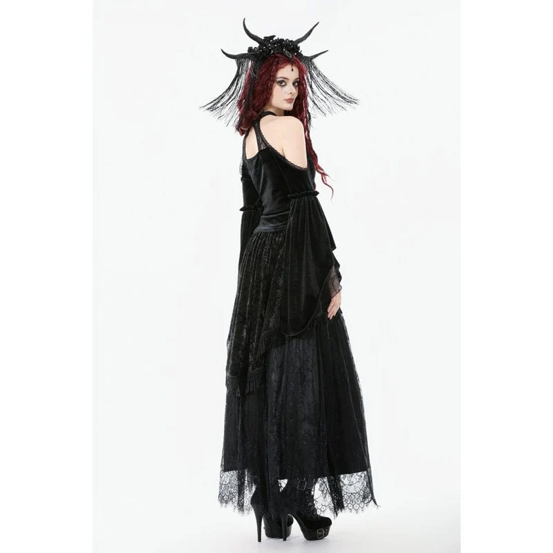Gothic-Hemd mit Cutout und Neckholder und ausgestellten Ärmeln aus Samt für Damen