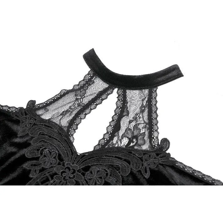 Gothic-Hemd mit Cutout und Neckholder und ausgestellten Ärmeln aus Samt für Damen