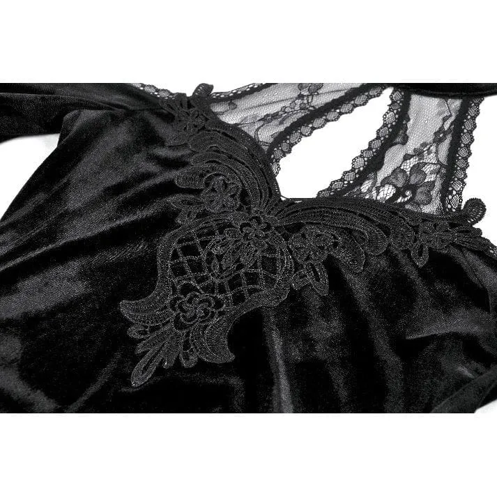 Gothic-Hemd mit Cutout und Neckholder und ausgestellten Ärmeln aus Samt für Damen
