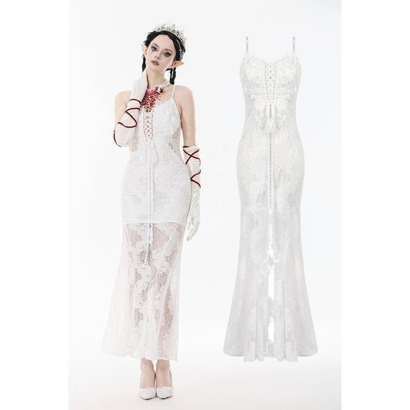 Weißes Gothic-Spitzenkleid mit Schnürung für Damen, Hochzeitskleid