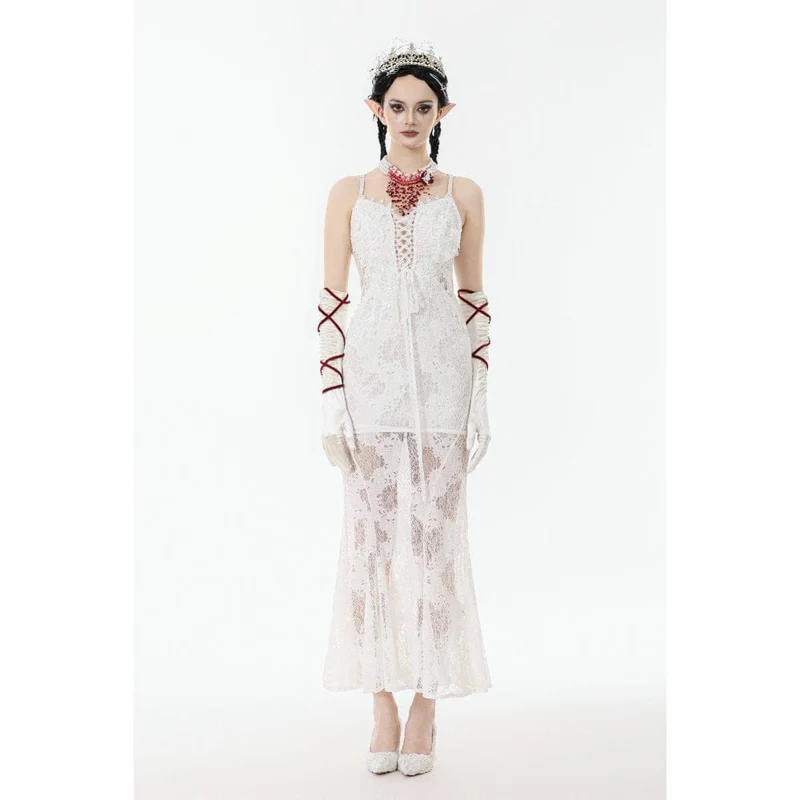 Weißes Gothic-Spitzenkleid mit Schnürung für Damen, Hochzeitskleid