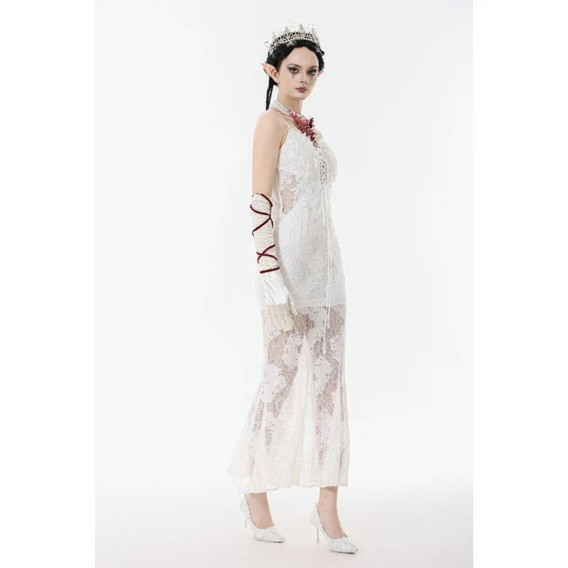 Weißes Gothic-Spitzenkleid mit Schnürung für Damen, Hochzeitskleid
