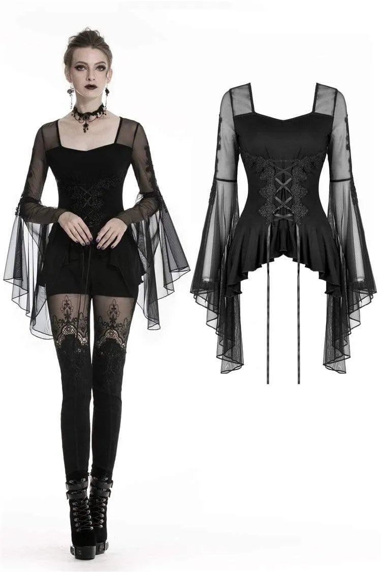 Gothic-Tops mit Schmetterlingsärmeln und Schnürung für Damen mit unregelmäßigem Saum
