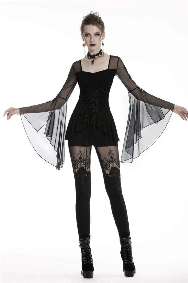 Gothic-Tops mit Schmetterlingsärmeln und Schnürung für Damen mit unregelmäßigem Saum
