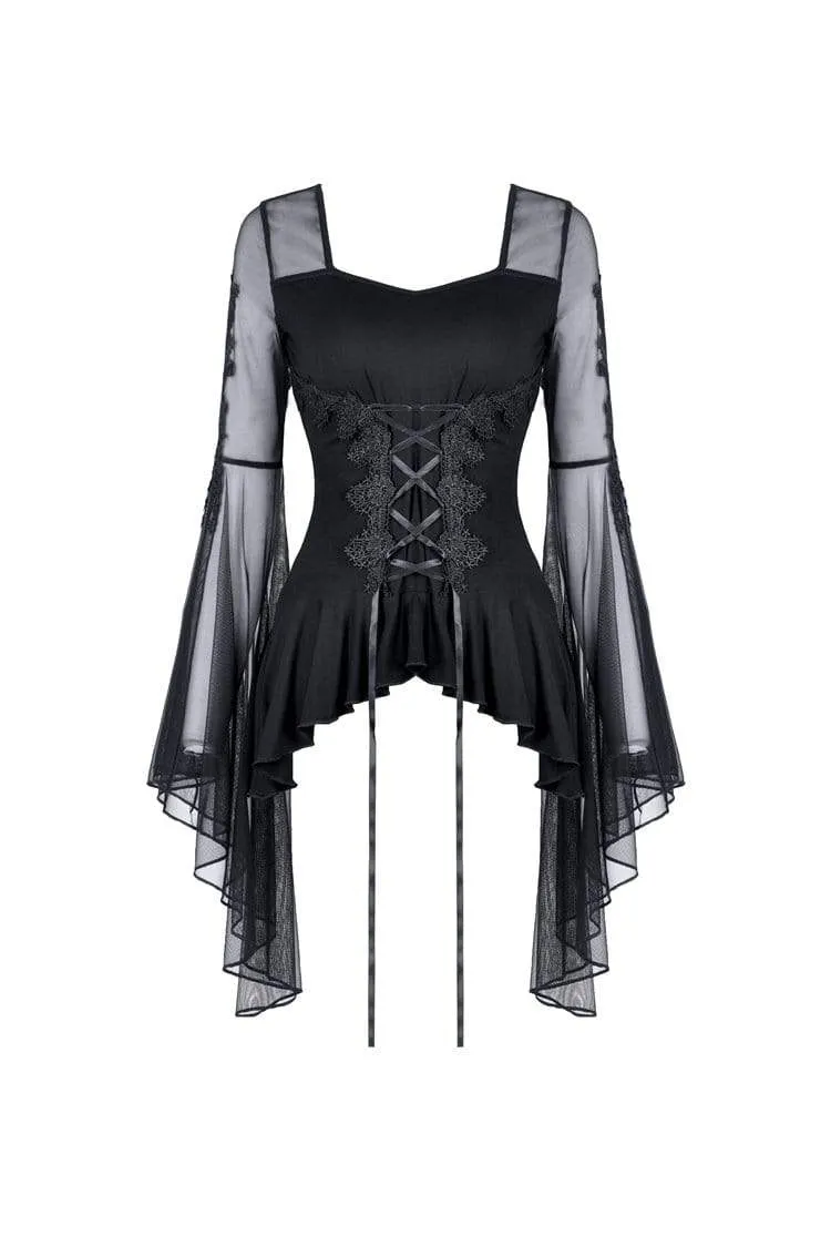 Gothic-Tops mit Schmetterlingsärmeln und Schnürung für Damen mit unregelmäßigem Saum