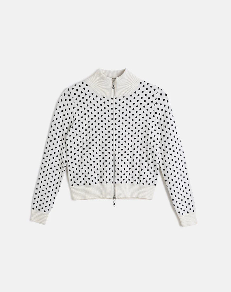 Talisa Zip durch Strickjacke in Tiny Polka Elfenbein