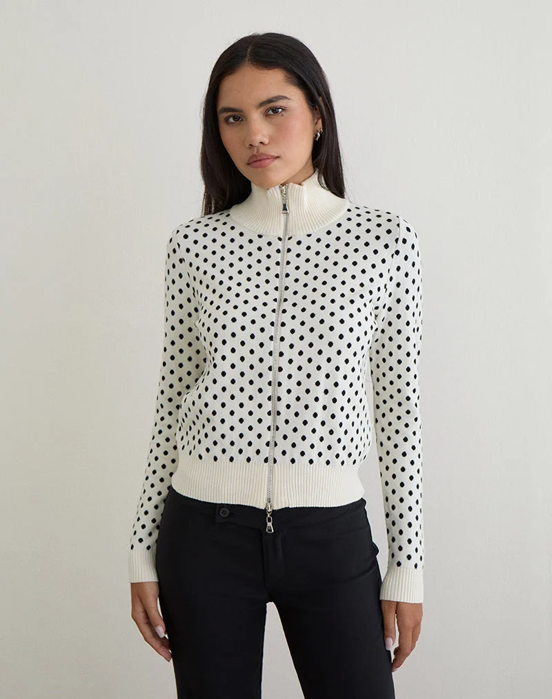 Talisa Zip durch Strickjacke in Tiny Polka Elfenbein