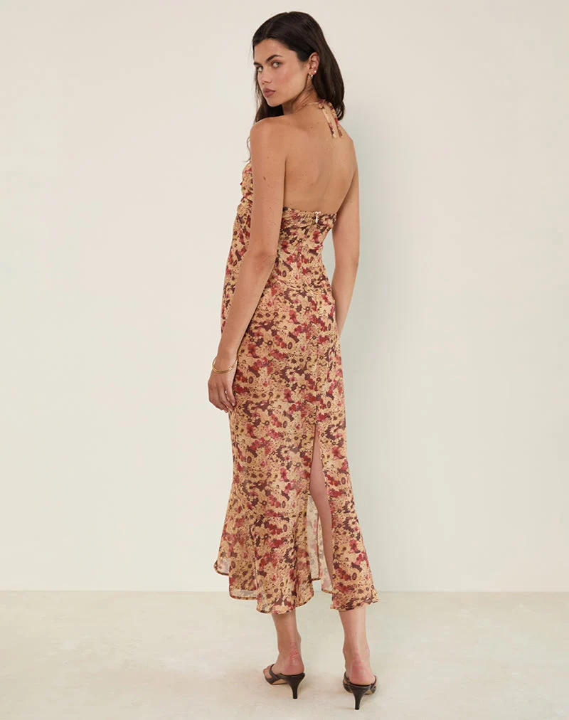Alette Maxikleid mit Neckholder aus Chiffon mit rostiger Blume