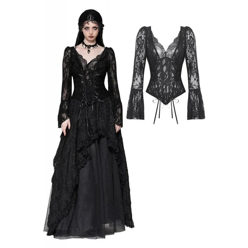 Gothic-Langarmhemd mit Schnürung aus Spitze für Damen