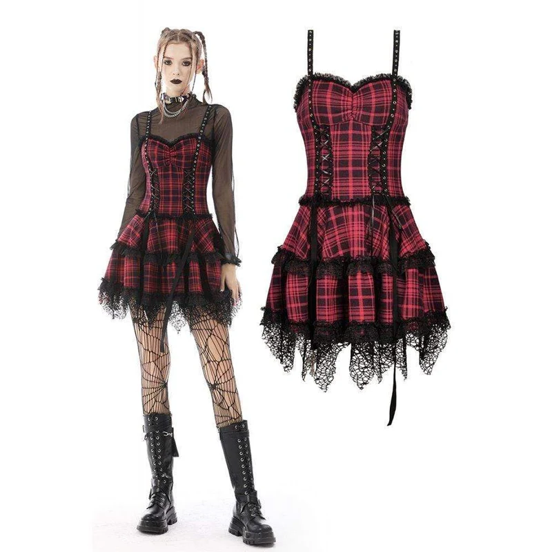 Punk-Slipkleid mit Spitzensaum, Karomuster und Lagenlook für Damen, Abschlusskleid