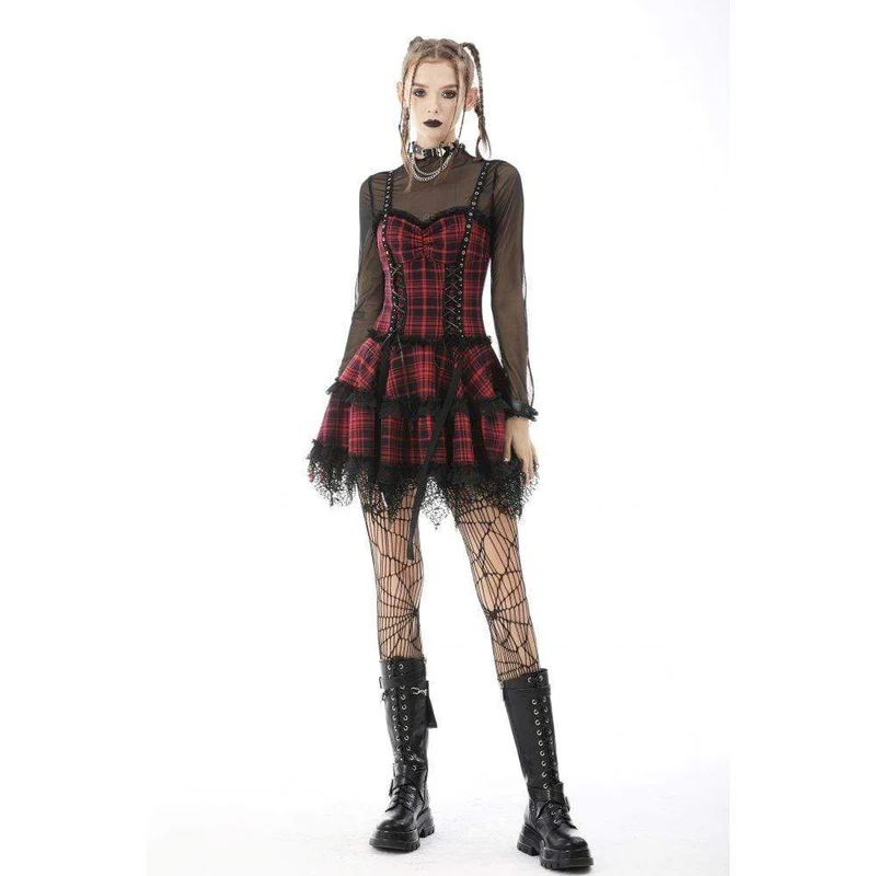 Punk-Slipkleid mit Spitzensaum, Karomuster und Lagenlook für Damen, Abschlusskleid