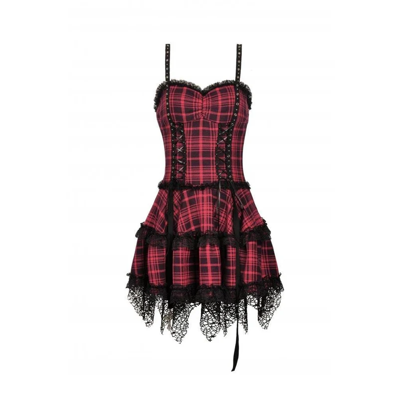 Punk-Slipkleid mit Spitzensaum, Karomuster und Lagenlook für Damen, Abschlusskleid