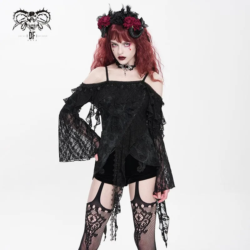 Gothic-Rüschen-Shirt mit unregelmäßigem schulterfreiem Schnitt für Damen