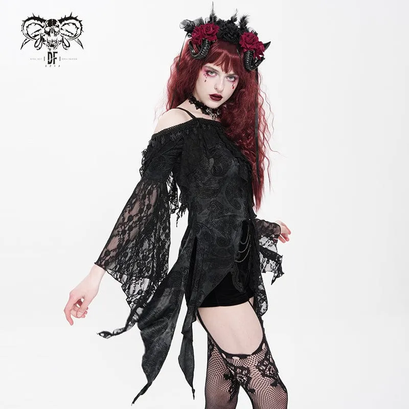 Gothic-Rüschen-Shirt mit unregelmäßigem schulterfreiem Schnitt für Damen