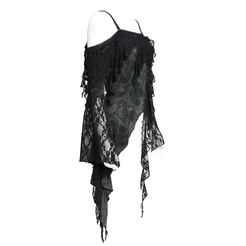 Gothic-Rüschen-Shirt mit unregelmäßigem schulterfreiem Schnitt für Damen