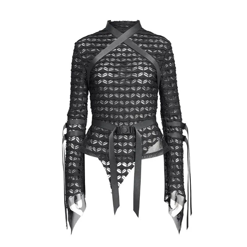 Punk-Netzhemd mit Schnallenriemen für Damen