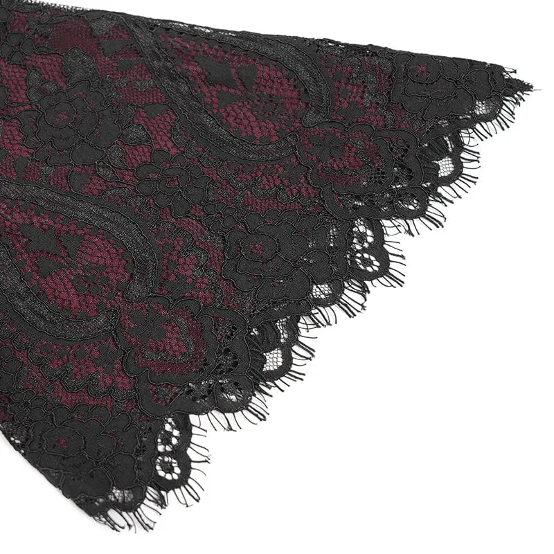 Rotes, gotisches Damenkleid mit Blumenstickerei, Schnürung und eckigem Kragen, ideal für Abschlussfeiern.