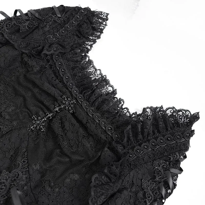 Schwarzes, gotisches Damenkleid mit Blumenstickerei, Schnürung und eckigem Kragen, ideal für Abschlussfeiern.