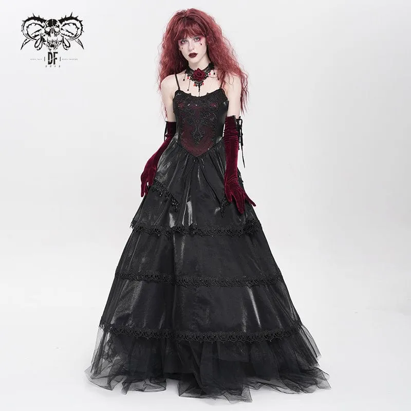 Gothic-Kleid mit Blumenstickerei und Perlen, mehrlagig, für Damen, Schwarz