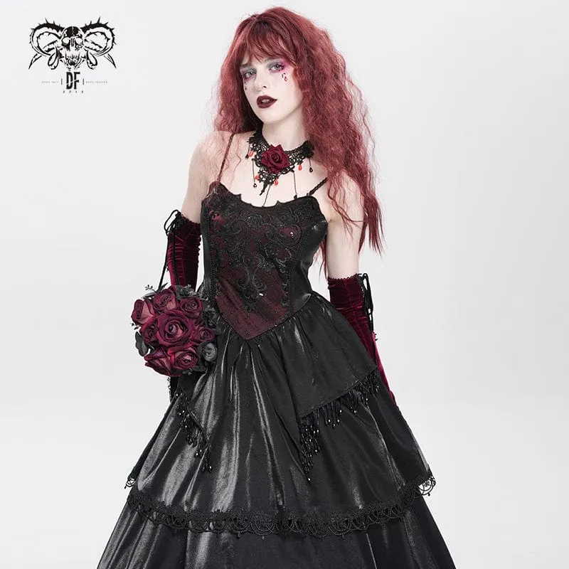 Gothic-Kleid mit Blumenstickerei und Perlen, mehrlagig, für Damen, Schwarz