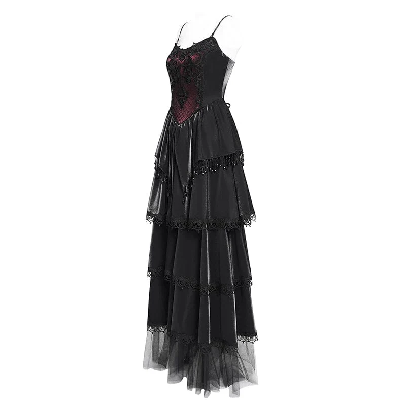 Gothic-Kleid mit Blumenstickerei und Perlen, mehrlagig, für Damen, Schwarz