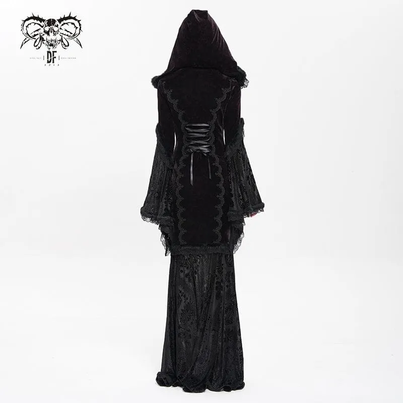 Rotes gotisches Brautkleid mit Kapuze, floraler Stickerei, Mesh-Einsätzen und Schnürung für Damen