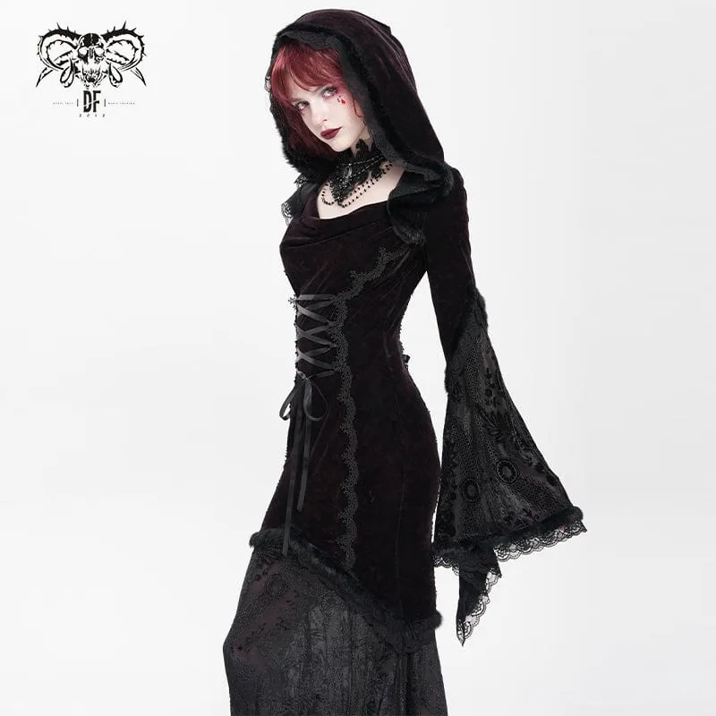 Rotes gotisches Brautkleid mit Kapuze, floraler Stickerei, Mesh-Einsätzen und Schnürung für Damen