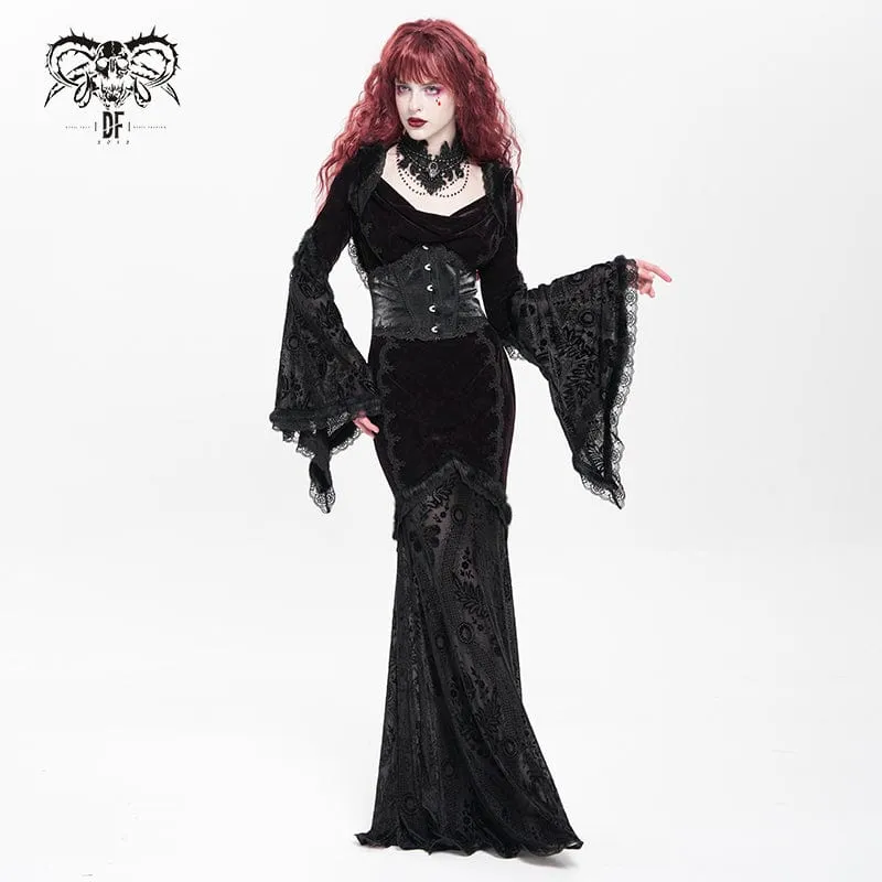 Rotes gotisches Brautkleid mit Kapuze, floraler Stickerei, Mesh-Einsätzen und Schnürung für Damen