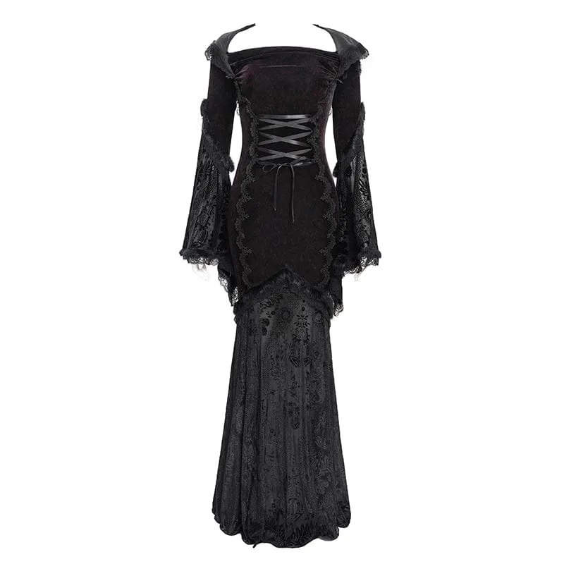 Rotes gotisches Brautkleid mit Kapuze, floraler Stickerei, Mesh-Einsätzen und Schnürung für Damen