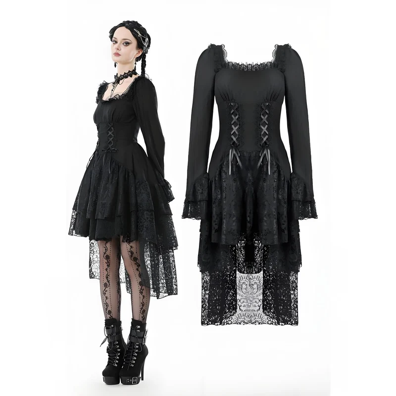 Gothic-Kleid mit mehrlagigem Schnürmuster und quadratischem Kragen für Damen