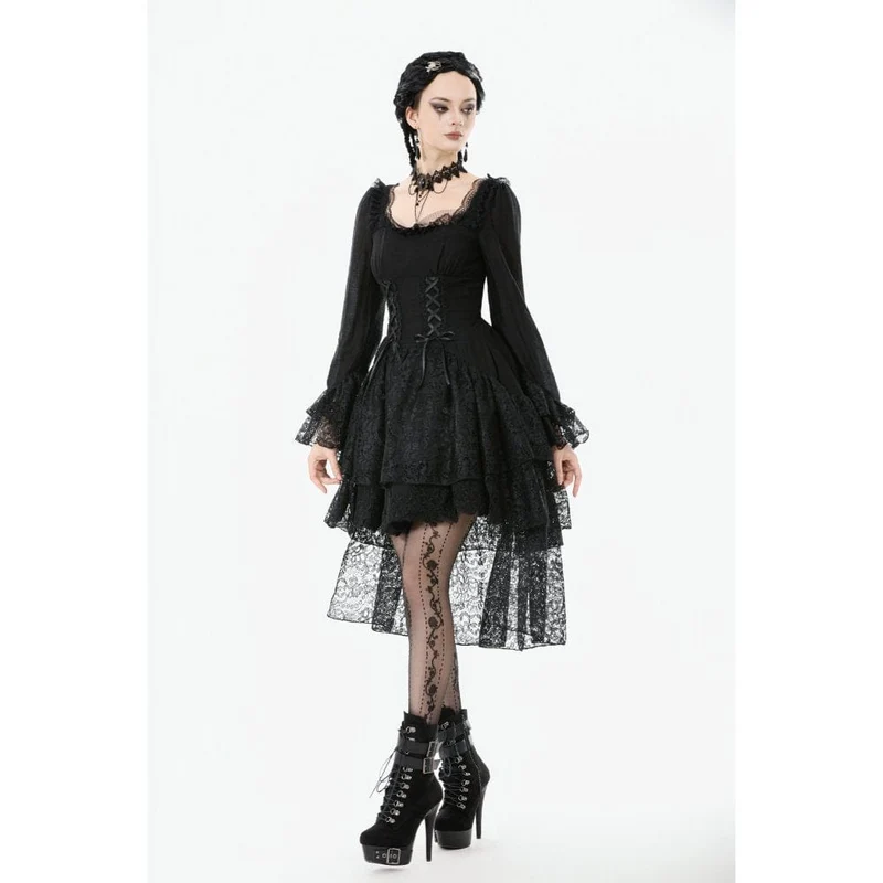 Gothic-Kleid mit mehrlagigem Schnürmuster und quadratischem Kragen für Damen