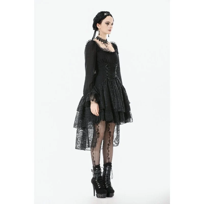 Gothic-Kleid mit mehrlagigem Schnürmuster und quadratischem Kragen für Damen
