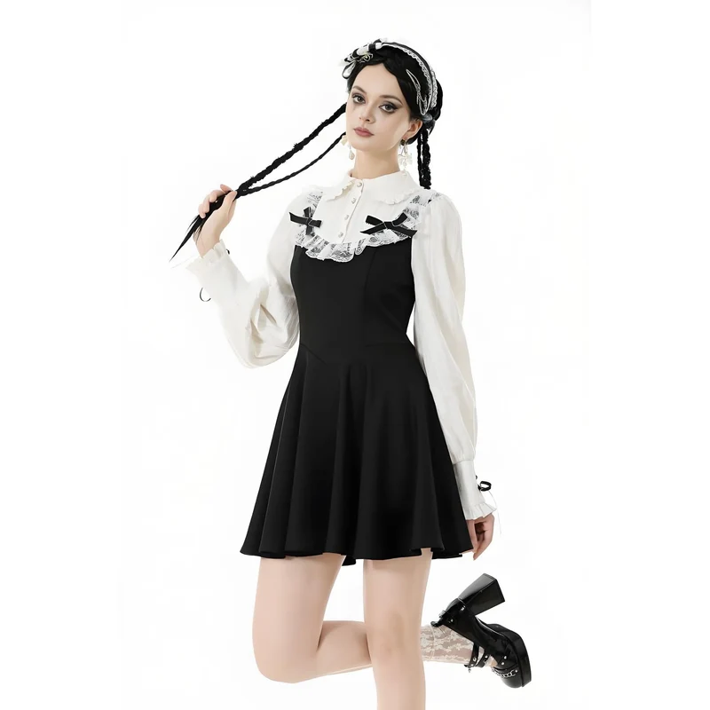 Gothic-Kleid für Damen mit Puppenkragen, zweiteiliges, langärmeliges Kleid mit Faux-Effekt, Abschlusskleid
