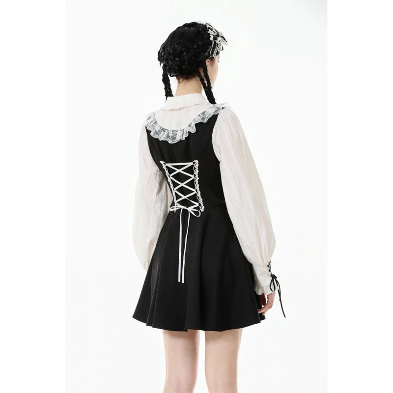 Gothic-Kleid für Damen mit Puppenkragen, zweiteiliges, langärmeliges Kleid mit Faux-Effekt, Abschlusskleid