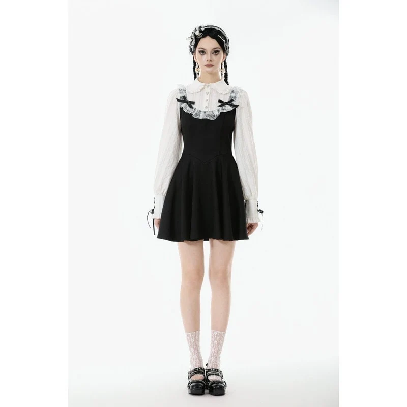 Gothic-Kleid für Damen mit Puppenkragen, zweiteiliges, langärmeliges Kleid mit Faux-Effekt, Abschlusskleid