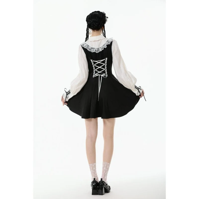 Gothic-Kleid für Damen mit Puppenkragen, zweiteiliges, langärmeliges Kleid mit Faux-Effekt, Abschlusskleid