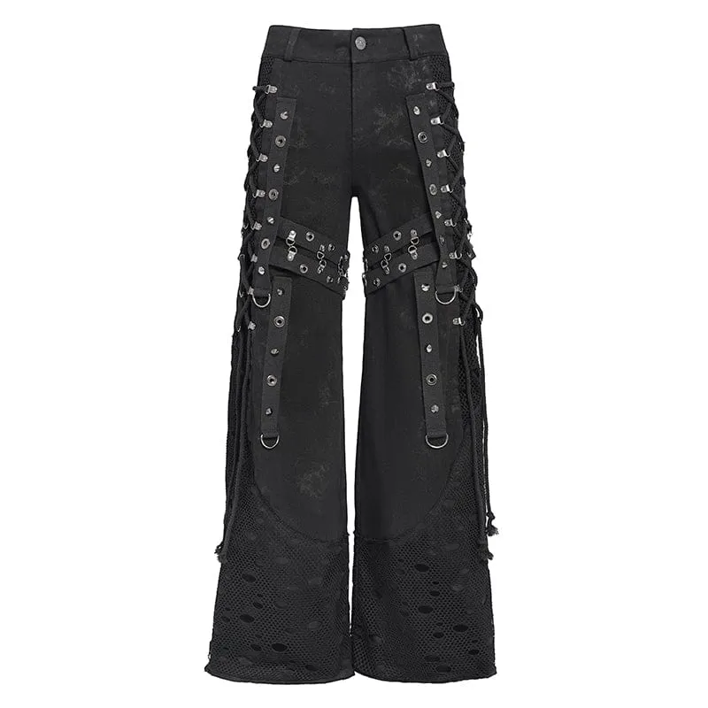 Herren Punk Ripped Mesh Splice Schnür-Baggy-Hose