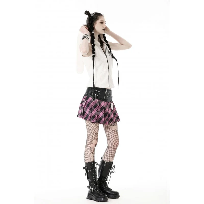Damen-Faltenrock im Grunge-Stil mit Spleiß- und Karomuster aus Kunstleder