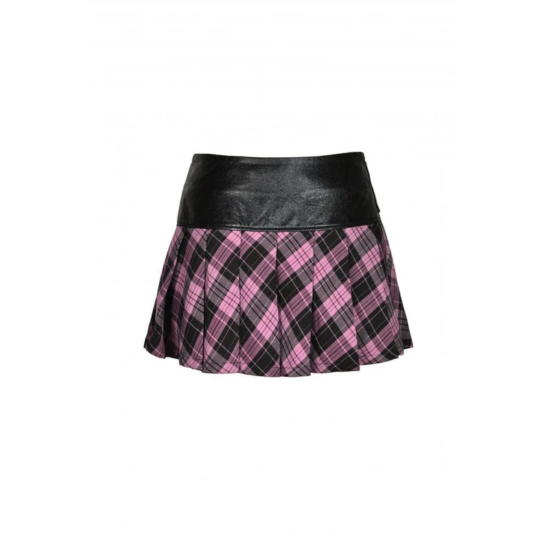 Damen-Faltenrock im Grunge-Stil mit Spleiß- und Karomuster aus Kunstleder