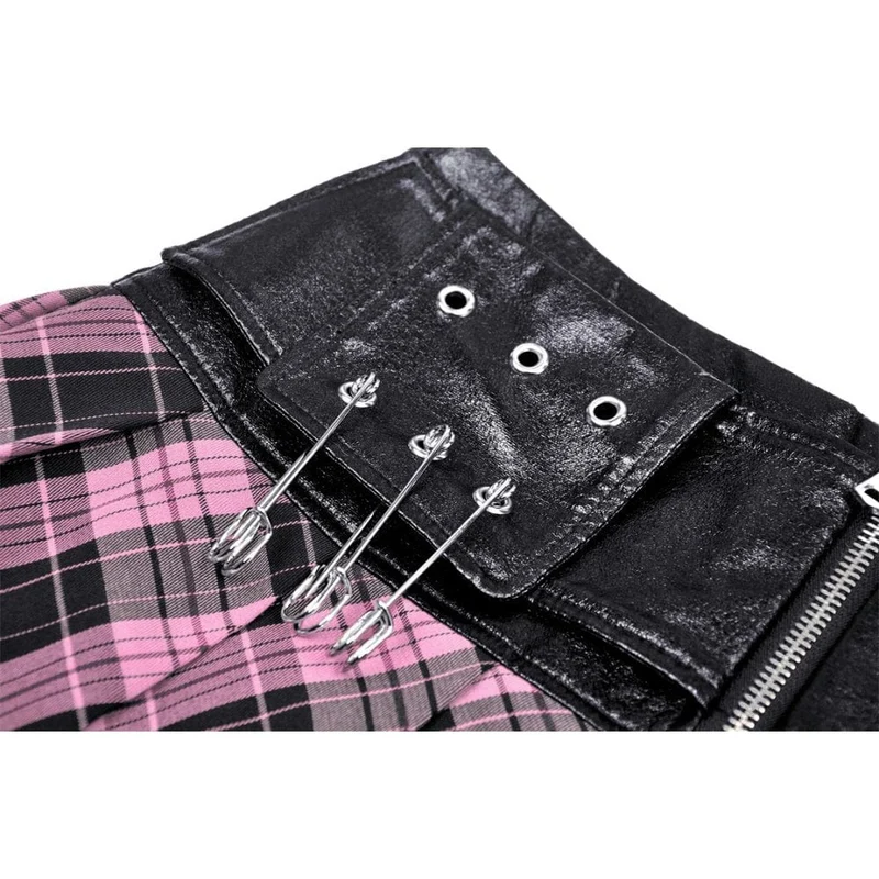 Damen-Faltenrock im Grunge-Stil mit Spleiß- und Karomuster aus Kunstleder