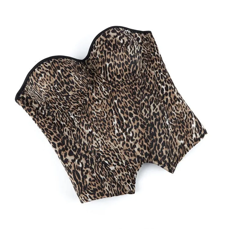 Damen Punk Unregelmäßiger Leopardendruck Schnür-Overbust-Korsett