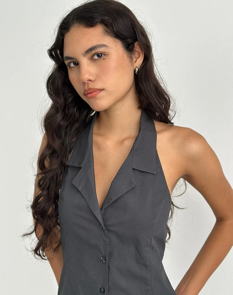 Mikanu Button Down Neckholder Bluse in Anthrazit